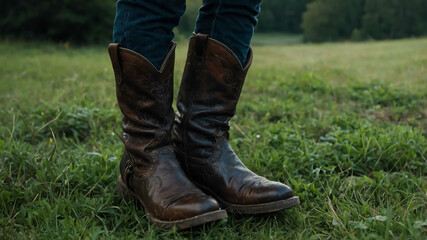 Worn enchanted leather boots sitting on a grassy meadow near a portal