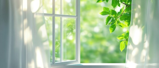 Bright window with sheer curtains, inviting natural light and refreshing greenery into a serene indoor space.