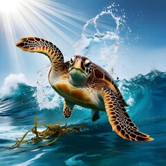 The image can be named Green Sea Turtle Swimming Underwater Near a Coral Reef