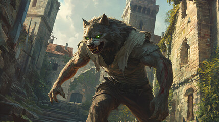 Fototapeta premium A werewolf with a torn shirt and glowing green eyes, sneaking through the ruins of a medieval village.