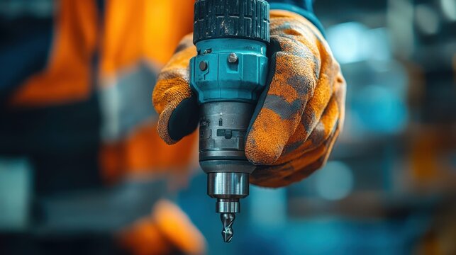 A close-up of an industrial worker holding a power drill, demonstrating precision and craftsmanship in a workshop environment.