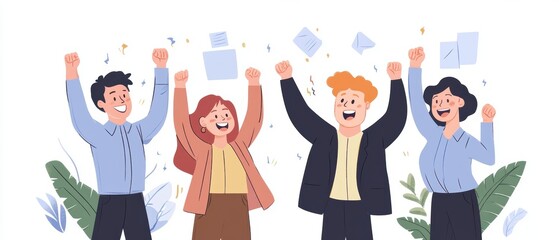 Obraz premium Cheerful group of diverse people celebrating together with raised hands in a joyful atmosphere, perfect for teamwork and success themes.
