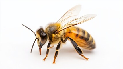 Close-up image of a bee with detailed features, showcasing its vibrant colors and intricate wings against a clean background.