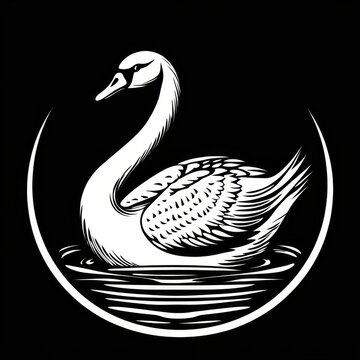 recommend clip art: A white swan with outstretched neck, outlined in white against a black background with water ripples.