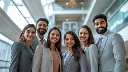 Obraz premium Diverse group of employees project team standing together in modern business building