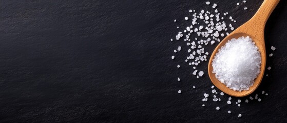 Close-up of coarse salt in a wooden spoon on a dark surface, showcasing the texture and shine of the salt crystals.