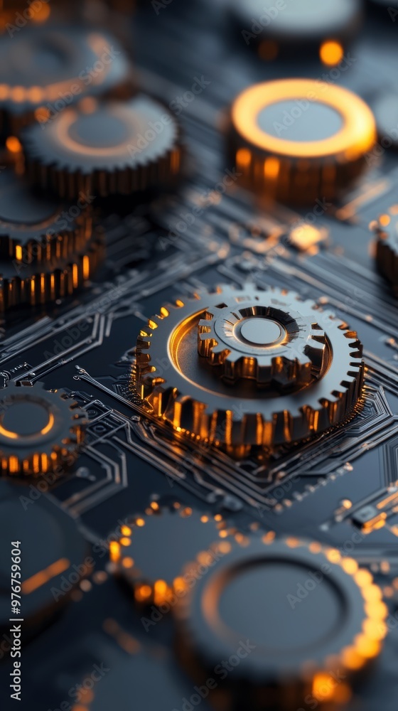 Poster close-up of metallic gears on a circuit board, showcasing intricate details and glowing elements wit