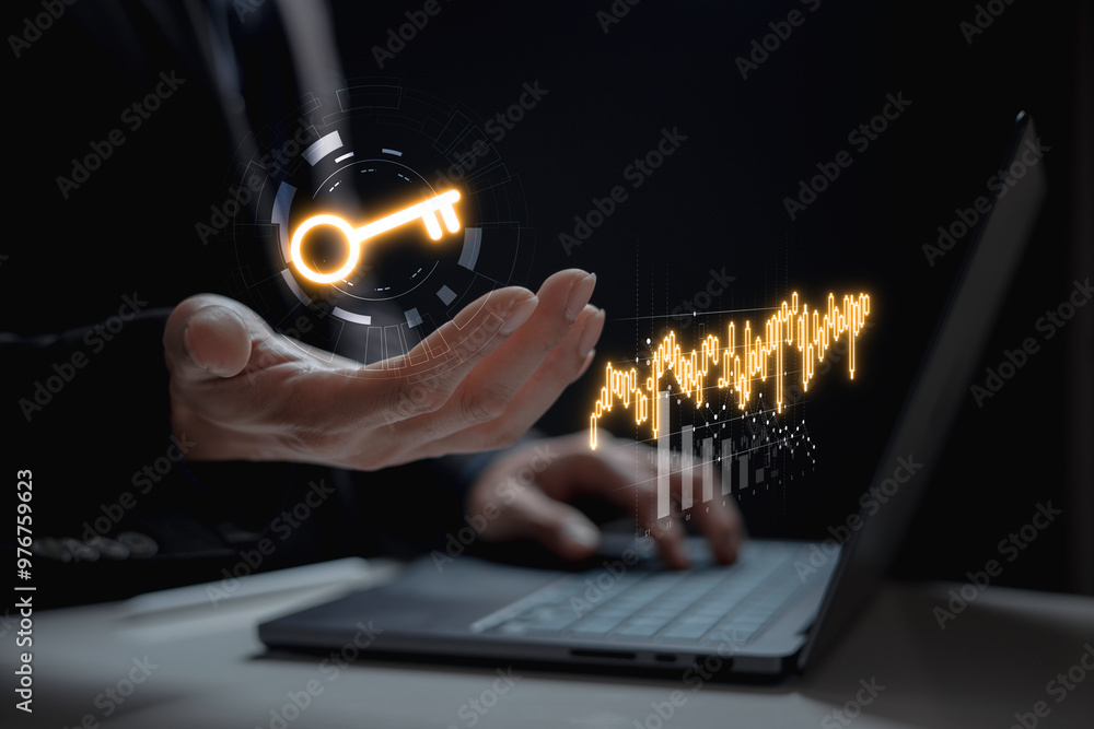 Poster key unlock business man holding and managed his cybersecurity and privacy to protect data by key ico
