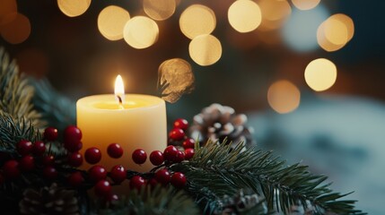 Candle with Holiday Berries and Blurred Background.