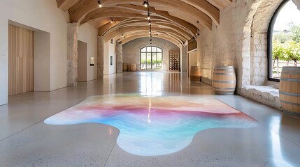 An avant-garde vineyard tour with shifting holographic vineyard maps and bioluminescent wine...