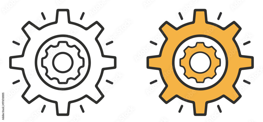 Poster two cogwheel stroke icons with different designs, one having a plain outline and the other filled wi