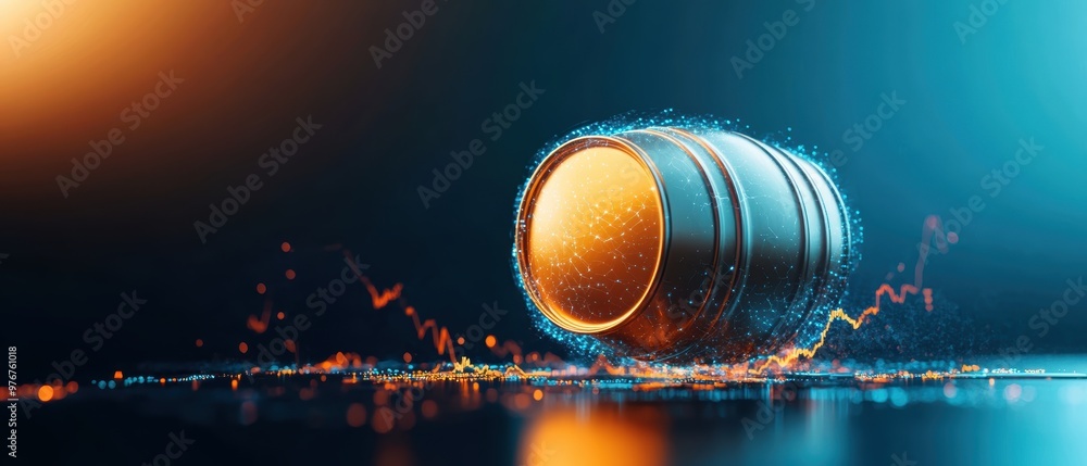 Poster dynamic barrel with glowing elements and data visualization, representing energy, commerce, and tech