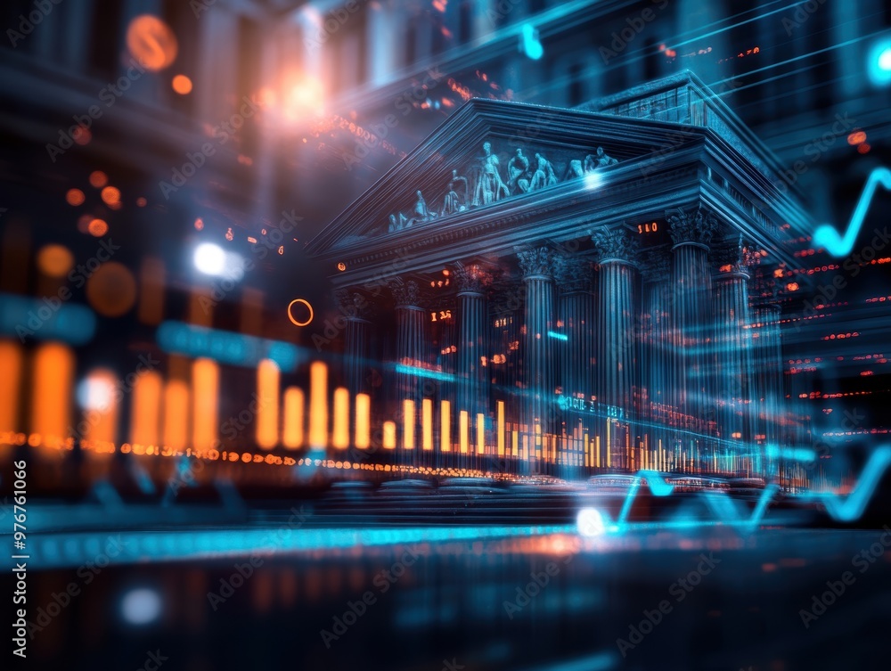 Poster Dynamic financial growth graph with an architectural backdrop, representing modern banking and economic progress.