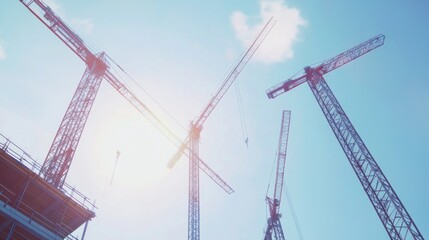 Construction Cranes Against Blue Sky