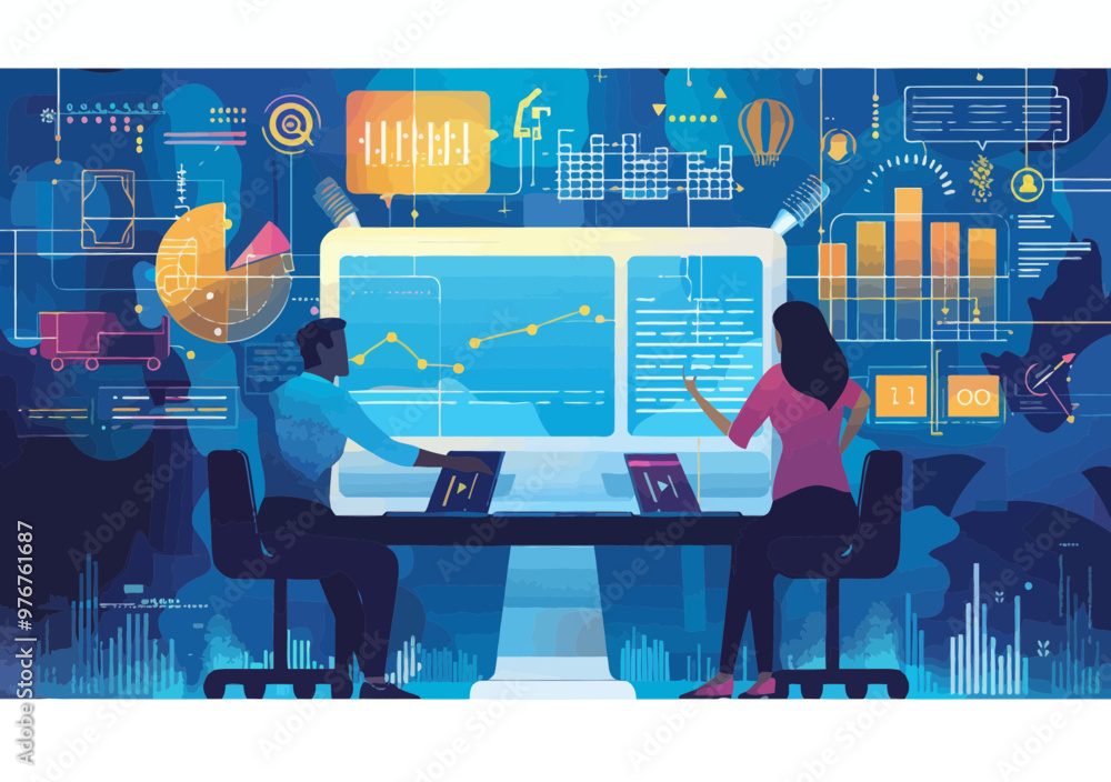 Poster business team collaborating on digital contract with data analytics in modern office, minimalistic v
