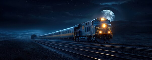 A powerful train emerges from a dark tunnel under a moonlit sky, illuminating the tracks in a mysterious nighttime landscape.