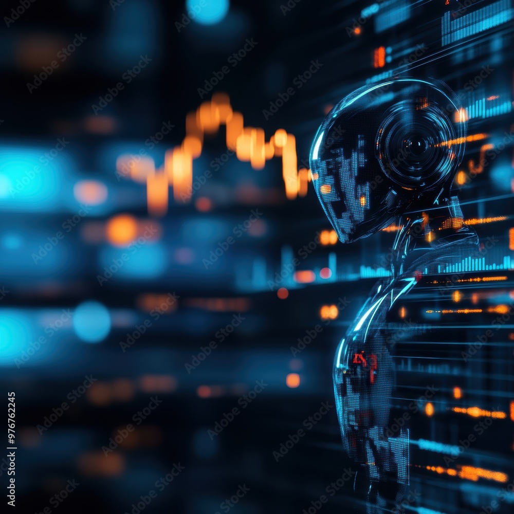 Poster futuristic robot silhouette surrounded by glowing data streams and graphs, symbolizing technology an