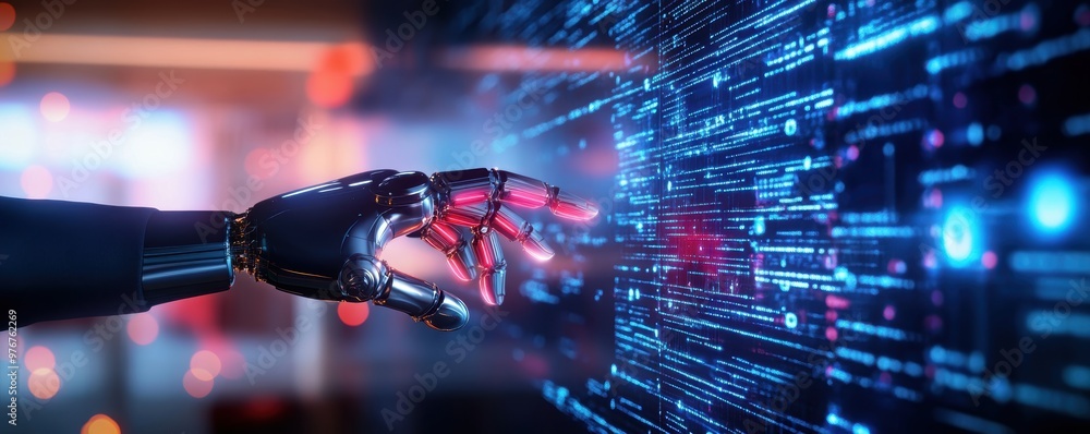Poster futuristic robotic hand interacting with a glowing digital interface, symbolizing advanced technolog