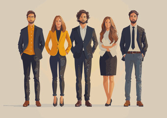 Obraz premium Team Cooperation Concept Illustration - Professional Business Team in Formal Attire Standing Together - Minimalistic Vector Art for Corporate Collaboration and Office Environment
