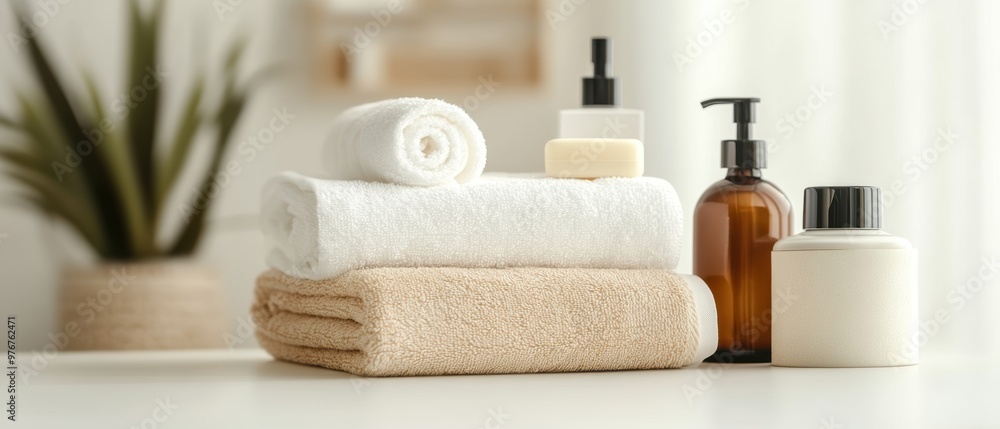 Poster minimalist spa setup featuring soft towels and elegant skincare products, creating a serene and rela