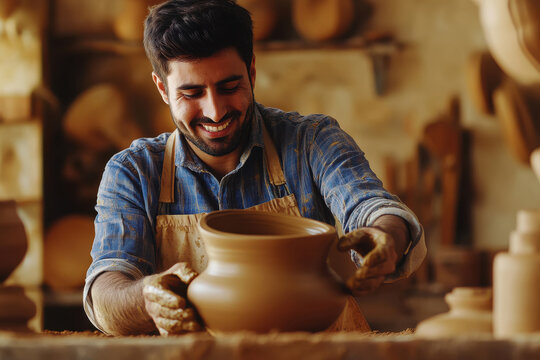 happy modern indian smiling self-employed pottery artist in creative studio working with raw clay shaping handmade cup or jar. - Powered by Adobe