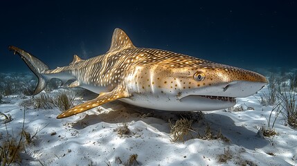 A leopard shark swims over a sandy seabed with its mouth open, its spotted body contrasting with the white sand.