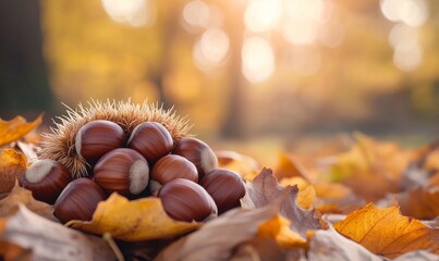 Fototapeta premium Freshly Harvested Chestnuts Resting Among Autumn Leaves in a Sunlit Forest