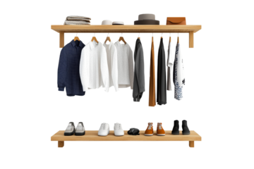 Modern clothing rack displaying a variety of shirts and shoes