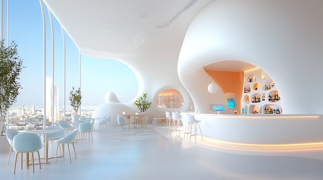 A futuristic urban escape with bioluminescent rooftop bars and holographic cityscape views promoting vibrant travel