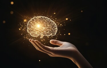 Human Hand Holding a Glowing Brain