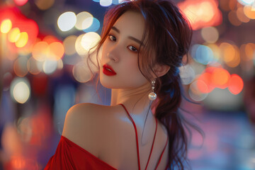Naklejka premium At night, a young woman wearing a red dress