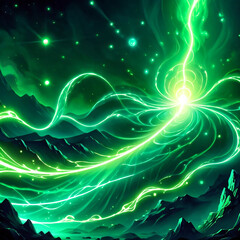 Surreal Landscape with Luminous Vortex and Jagged Mountain Peaks