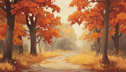 Fototapeta premium A serene autumn forest path covered with fallen leaves and surrounded by vivid orange and yellow foliage on a foggy day.