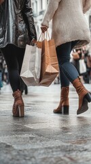 Two Women Walking with Shopping Bags on City Street. Back view closeup shot of their boots