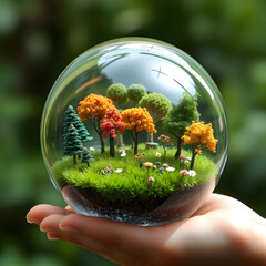 A glass globe filled with miniature trees, flowers and a tiny field of meticulously crafted grass