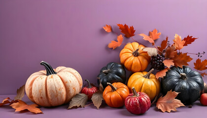Assorted Pumpkins with Autumn Leaves on a Purple Background