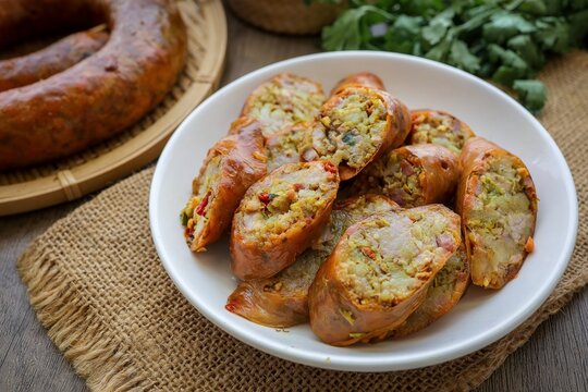 Northern Thai Sausage in a white plate on wooden background, thai called Sai Oua