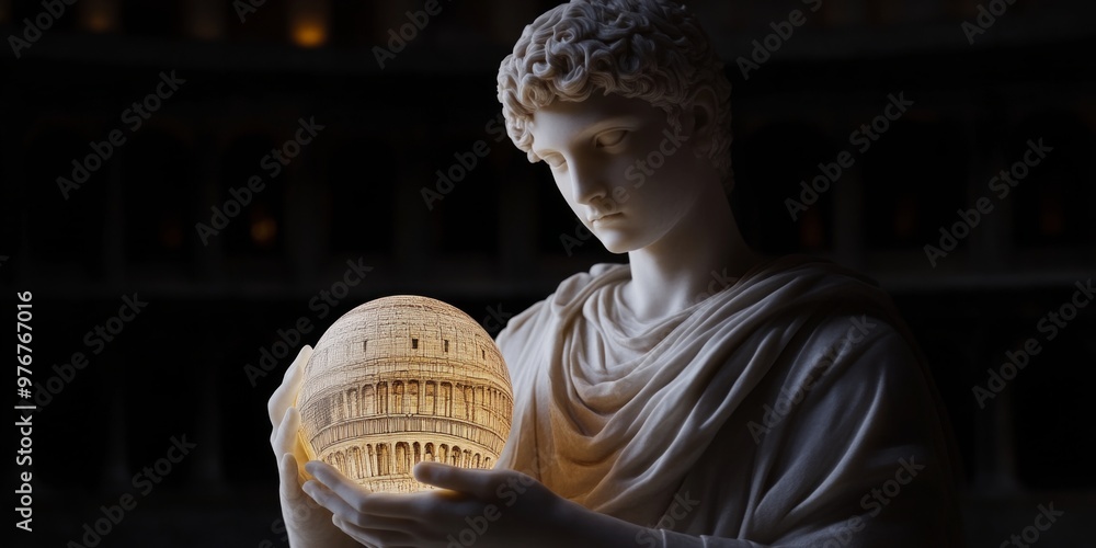 Poster a marble statue holding a glowing architectural globe. this image blends classical art with modern t