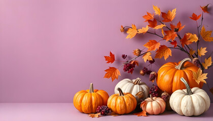 Naklejka premium Autumnal Still Life with Pumpkins and Fall Foliage