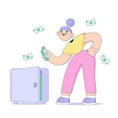 Woman puts her money into a safe