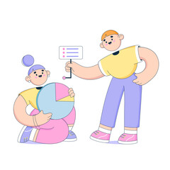 Woman and man interact with charts and work as a team