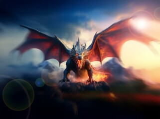 A fierce dragon with red wings spread wide, snarls at the camera as it stands atop a rocky ledge, with an orange glow emanating from the ground below.