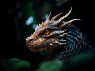 Fototapeta premium Close-up of a dragon's head, with a focus on the eye and scales. The dragon has orange eyes, a brown snout, and blue scales.