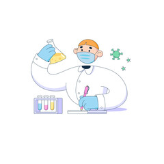 Scientist with a flask creates a vaccine and records the results