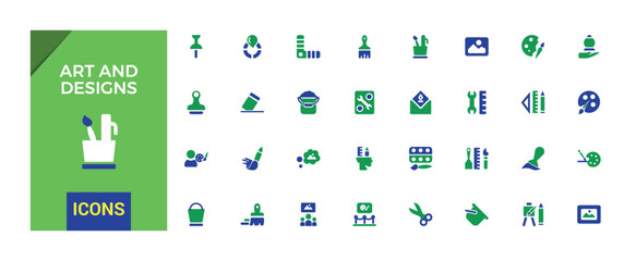 Art and Design colorful icon set. Color icons related to color palette, paint bucket and more. Filled icons. Glyph icon set for web and ui. Editable stroke.