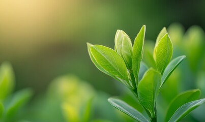 New Green Leaves Emerging on a Plant During a Sunny Morning in a Lush Garden
