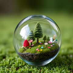 A glass globe filled with miniature trees, flowers and a tiny field of meticulously crafted grass