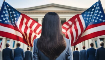 standing in front of people holding American flags near an American government office