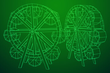 Ferris wheel spinning amusement park. Wireframe low poly mesh vector illustration.