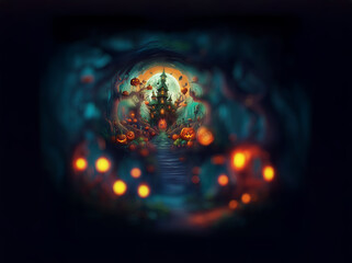 A spooky Halloween scene with a large, ornate house in the center, surrounded by trees and pumpkins.